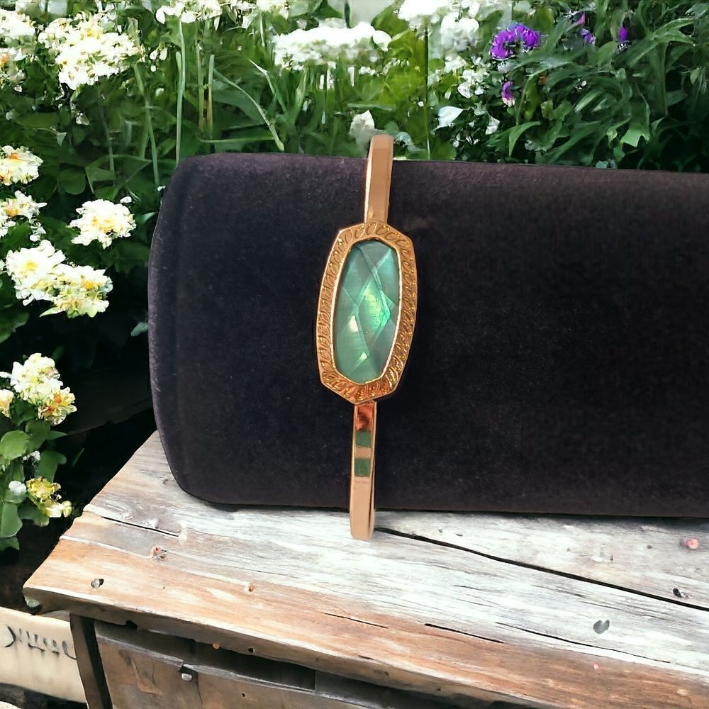 Aqua Rhinestone Cuff Bracelet Gold Tone Faux Abalone Adjustable Hippie Bohemian